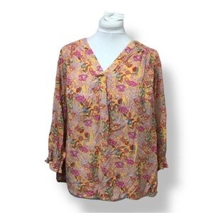 Jones & Co Women’s Long Sleeve V Neck Peasant Top Tunic Boho Yellow Floral 1X